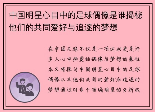 中国明星心目中的足球偶像是谁揭秘他们的共同爱好与追逐的梦想